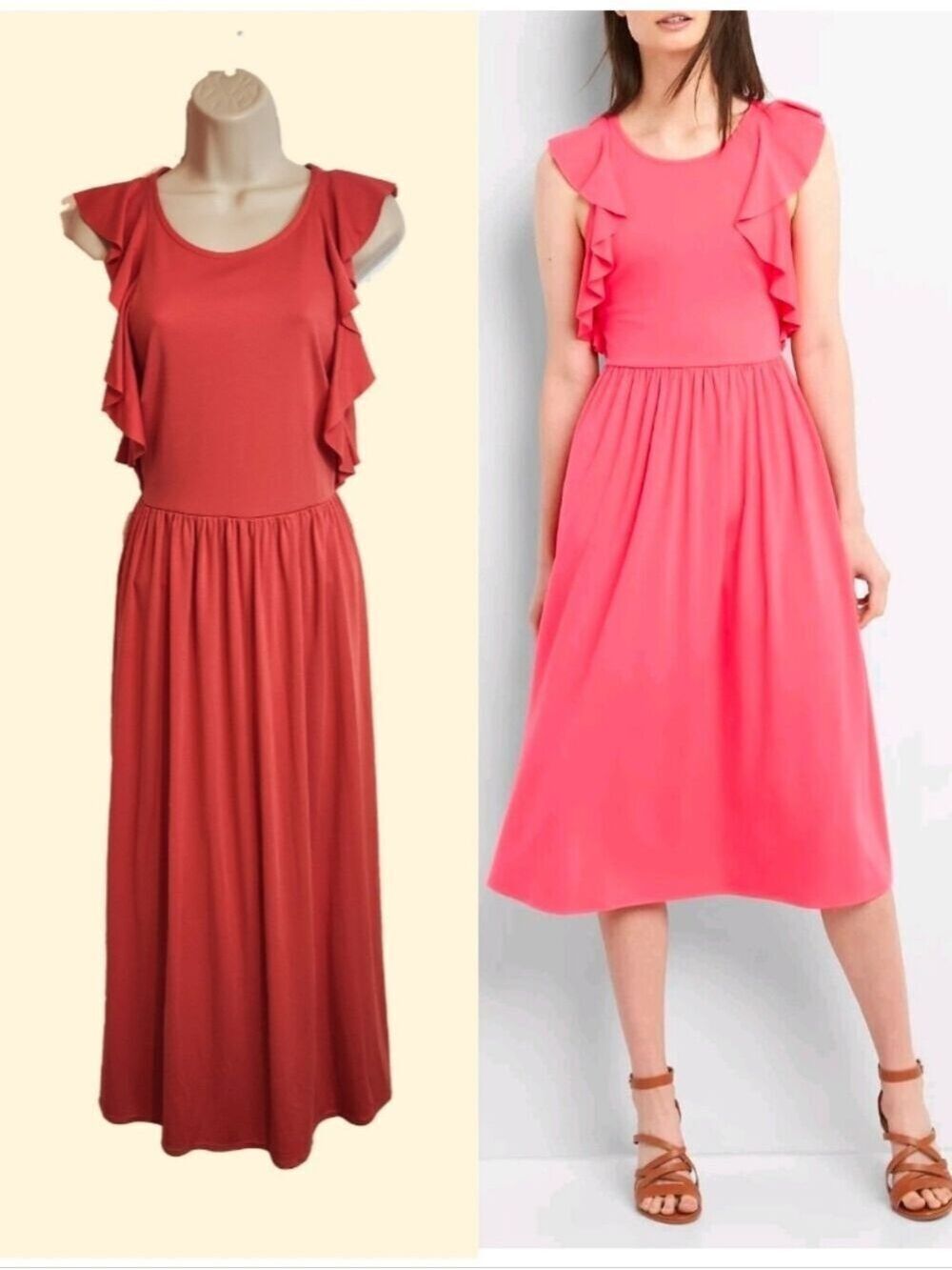 Gap Coral Pink Fit And Flare Midi Dress Ruffle Flutter Sleeve Knit 2